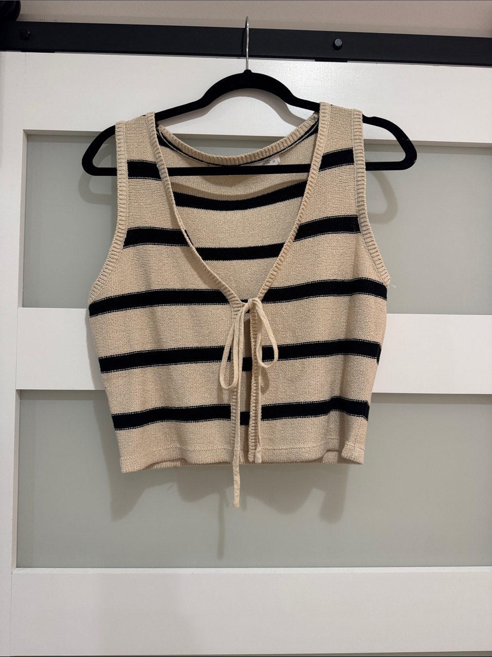 Beige & Black Striped Tie-Front Knit Crop Top
